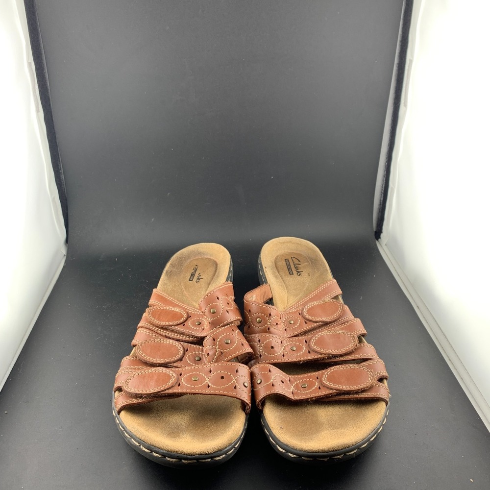 Clarks Leisa Cacti Slide Sandals Women 10 Brown Leather Slip On Adjustable Strap